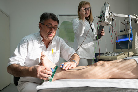 Doctors performing patient diagnostics with equipment