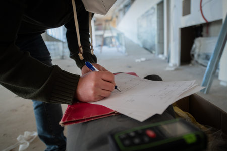 A close-up of an engineers hand meticulously sketching an architectural project, capturing the...