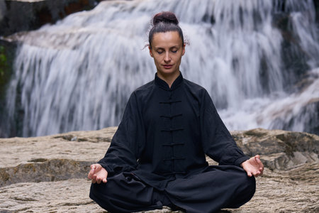 A woman sits in lotus pose, practicing yoga and tai chi under a tropical waterfall, meditating with calm strength and mindfulness, fully connected to the energy of nature, tranquility and inner balance.の写真素材