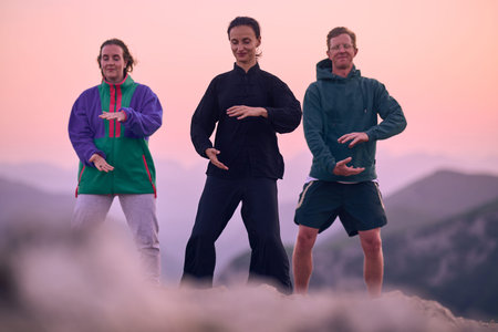 Group of people practicing Tai Chi outdoors at sunrise on mountain, performing slow meditative...