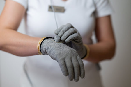 Close up shot of a therapist adjusting special conductive electrotherapy gloves before a physiotherapy session. Concept of modern rehabilitation, healthcare technology, pain management, and therapeutic treatments.の写真素材