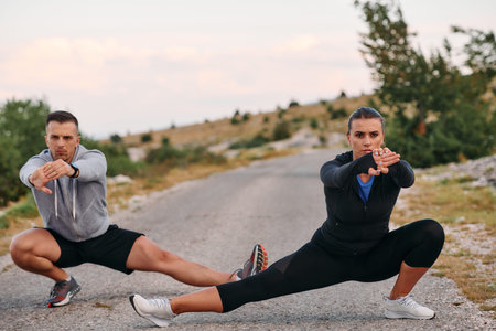 Romantic Couple Stretching Together After an Intense Morning Run