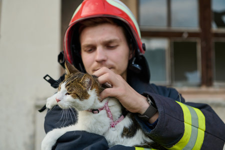Firefighter rescues cat from burning building, a hero in action, saving a pet, wearing a helmet, outdoor scene, building damage, rescue operation, brave man, animal careの写真素材