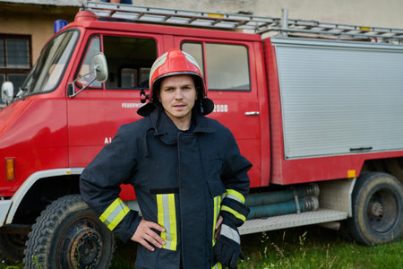 Firefighter in uniform with red fire truck, fireman portrait, emergency services, fire department,...