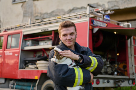 Brave firefighter holding a rescued cat in front of a fire engine, showcasing heroism and compassion, a heartwarming scene of rescue and care, outdoor settingの写真素材