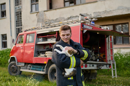 Brave firefighter holding a rescued cat in his arms near a fire truck, showing compassion and care, outdoor scene with a building in the backgroundの写真素材