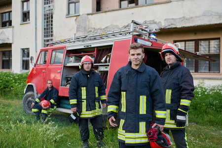 Firefighters in uniform and helmets posing in front of fire truck, emergency service team, rescue operation, fire safety, urban scene, outdoor, teamwork and bravery conceptの写真素材