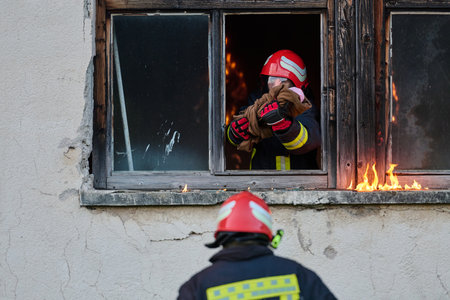 Firefighter rescuing a baby from burning building, fireman in action saving child, emergency situation, fire in house, danger, rescue operation, outdoor sceneの写真素材