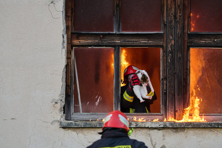 Brave firefighter rescuing a cat from a burning building, visible flames and smoke, dramatic scene,...