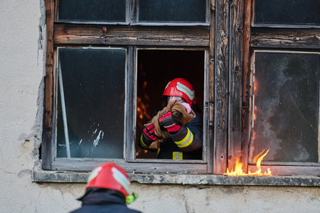Firefighter rescuing a baby from burning building, fireman in action saving child, emergency situation, fire in house, danger, rescue operation, outdoor sceneの写真素材
