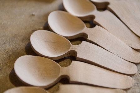Handcrafted wooden spoons, product photo, studio shot, object isolated, clean studio background, copy space minimal background, transparent isolated objectの写真素材