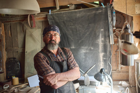 Craftsman in workshop, woodworking studio portrait, artisan with beard and bandana, standing with arms crossed, looking at camera, wood shop interior, creative space.の写真素材