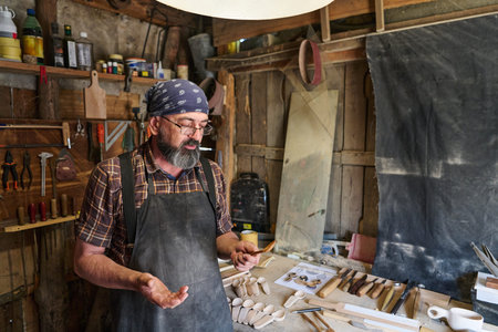 Craftsman in workshop creating wooden spoons, artisan woodworker carving spoons, handmade...