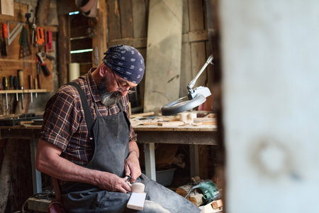Craftsman working in workshop, wood carving with hand tools, skilled artisan shaping wood with precision, woodworking craftsmanship, rural environment, creative hobby conceptの写真素材