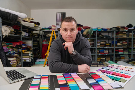 Tailor or designer with fabric swatches and laptop in studio, man thinking about color palette,...