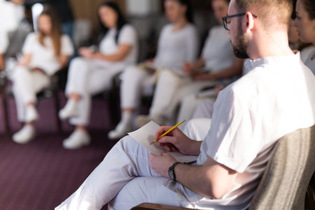 Close up of a student holding a pen and writing notes in a notebook during a training and education session in a wellness and therapy courseの写真素材