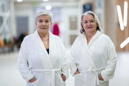 Elderly women walking together in a wellness and spa center dressed in white bathrobes, symbolizing relaxation, friendship, and healthy lifestyle.の写真素材