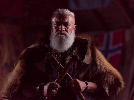 A formidable Viking chieftain with a striking white beard and braided hair, draped in a rich fur...