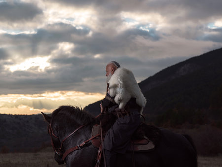 A Viking warrior on a large black horse surveys a dramatic landscape during sunset, wearing a fur cloak. The scene evokes ancient exploration, adventure, and the spirit of the wild.の写真素材
