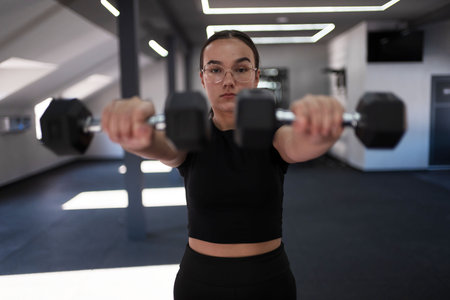 Woman exercises with dumbbells in modern gym setting during daylight hoursの写真素材
