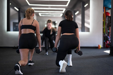 Two women performing lunges with dumbbells during a workout session in a modern gym environment