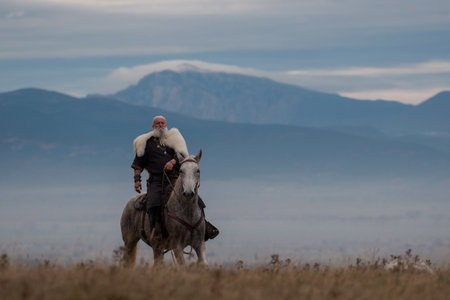 A majestic Viking chieftain on a dappled grey horse, clad in a fur cloak, surveys a desolate, mountainous landscape under a dramatic cloudy sky, exuding power and presence.の写真素材