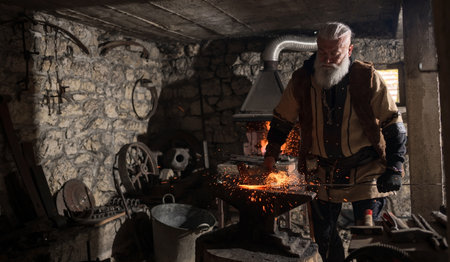 A Viking blacksmith with a white beard and braided hair works intently at a forge, hammering glowing metal on an anvil, with flames flickering in the background of a stone workshop.の写真素材