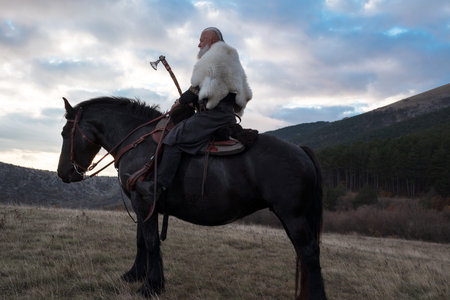 A fierce Viking warrior on horseback, wielding an axe, stands against a dramatic sunset sky with...