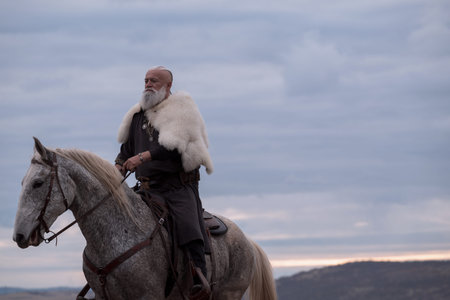 A majestic Viking chieftain on a dappled grey horse, clad in a fur cloak, surveys a desolate,...
