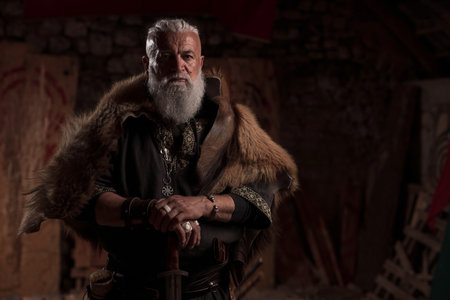 A rugged Viking man with a white beard, wearing traditional armor and a fur cloak, stands inside a stone hall, holding a sword with a contemplative expression, evoking strength and heritage.の写真素材