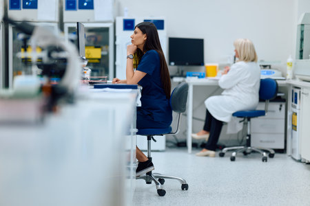 Laboratory employees engaged in research and testing in a modern scientific facilityの写真素材