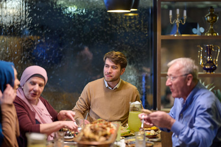 Family enjoys iftar in a restaurant with Ramadan decorations during the holy month