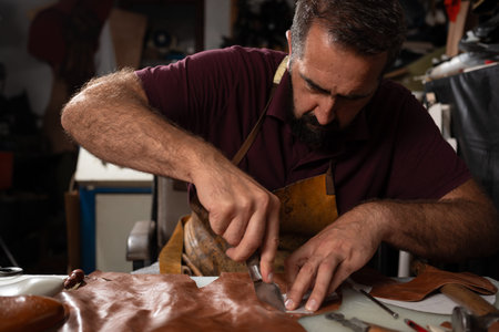 A skilled craftsman carves and cuts leather in a workshop, shaping a belt at the studio.