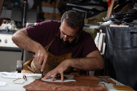 Leather craftsman shaping leather in his workshop with knife and pattern on the table