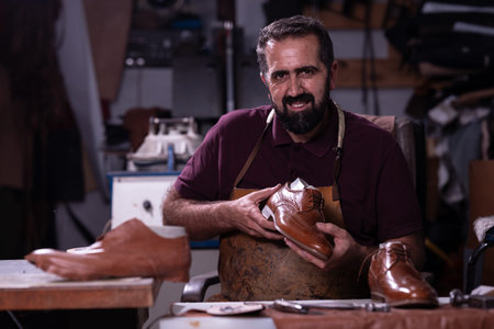 Skilled shoemaker proudly holds brown leather shoe in a busy workshop filled with tools and leather