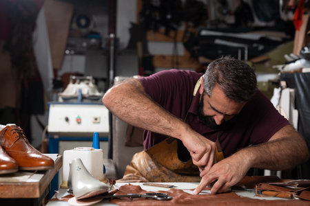 Man crafts leather shoes in a cluttered workshop, focused on stitching and detailing