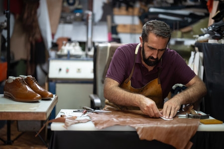 Cobbler at work shaping leather shoes in a busy workshop with tools and leather piecesの写真素材