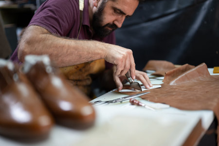 Skilled leather craftsman cutting leather pieces at a worktable in a busy workshop.