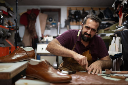 Leather shoemaker at work in a cluttered workshop crafting polished brown shoesの写真素材