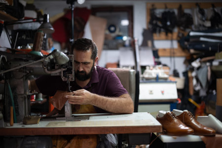 Cobbler sewing leather in a busy workshop with leather shoes on the table nearby