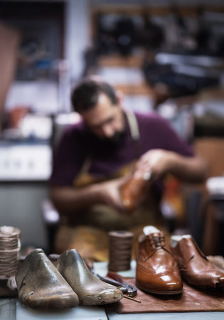 Cobbler at work in a leather shoe workshop shaping brown and metallic shoes with toolsの写真素材