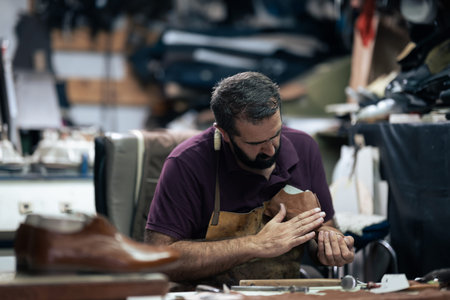 Skilled craftsman works on a leather shoe in a busy workshop, focused on handcrafting