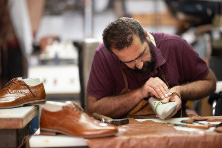 Shoemaker crafting leather dress shoes in workshop, focused on detail and craftsmanship