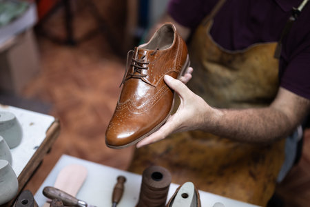 Cobbler presents a polished brown leather wingtip dress shoe in a craftsmans workshop
