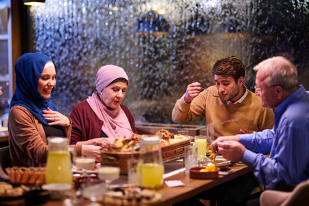 Muslim family enjoys iftar together in a restaurant with Ramadan decorations during the holy monthの写真素材