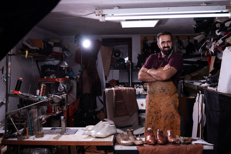 Skilled shoemaker stands in his busy leather workshop with finished shoes on displayの写真素材