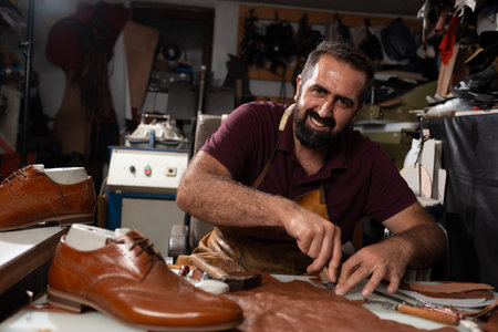 Smiling shoemaker at a leather workshop crafting brown leather shoes with tools and stitchingの写真素材