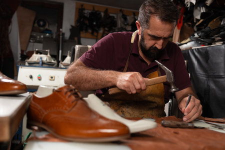 Shoemaker at work crafting leather shoes with hammer and chisel in a traditional workshopの写真素材