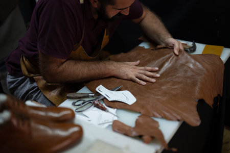 Leather artisan at work shaping brown leather with tools on a table for handmade craft