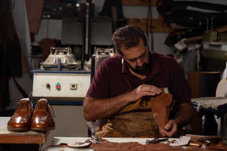 Shoemaker crafts leather shoes in a busy workshop with tools and leather pieces